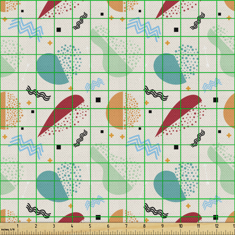 Geometrik Parça Kumaş Zikzak Çizgiler ve Noktalar ile Meyveler
