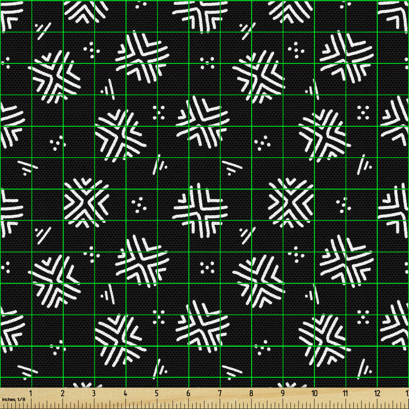 Geometrik Parça Kumaş Siyah Fon Üzerinde Beyaz Aztek Motifleri