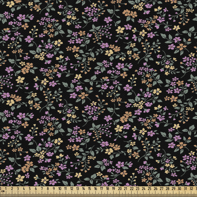 Floral Parça Kumaş Siyah Fon Üzerinde Minik Çiçekler Desenli