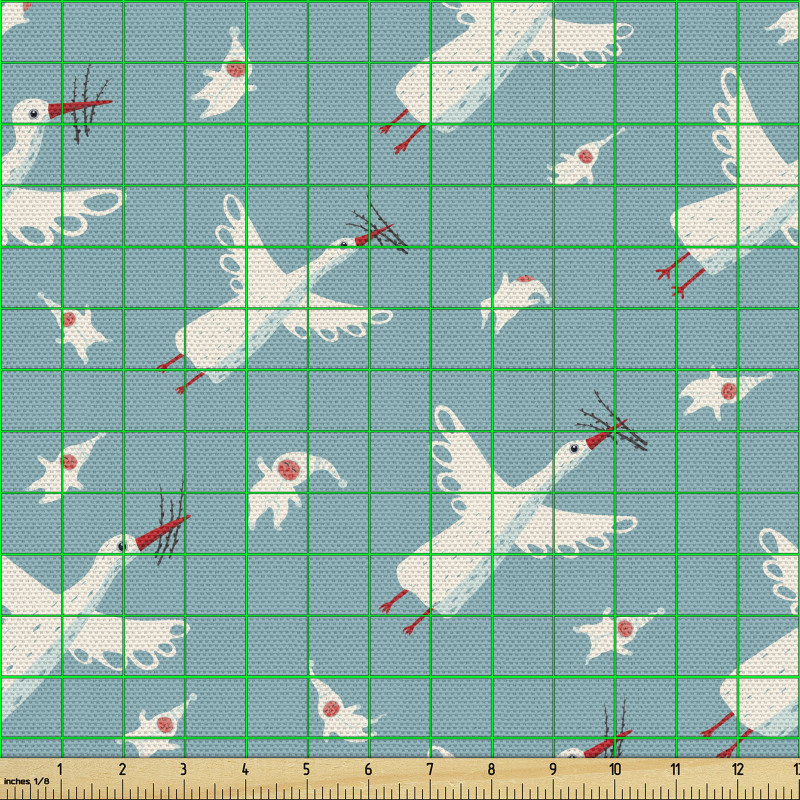 Kuşlar Parça Kumaş Mavi Fon Üzerindeki Beyaz Leylek Desenli