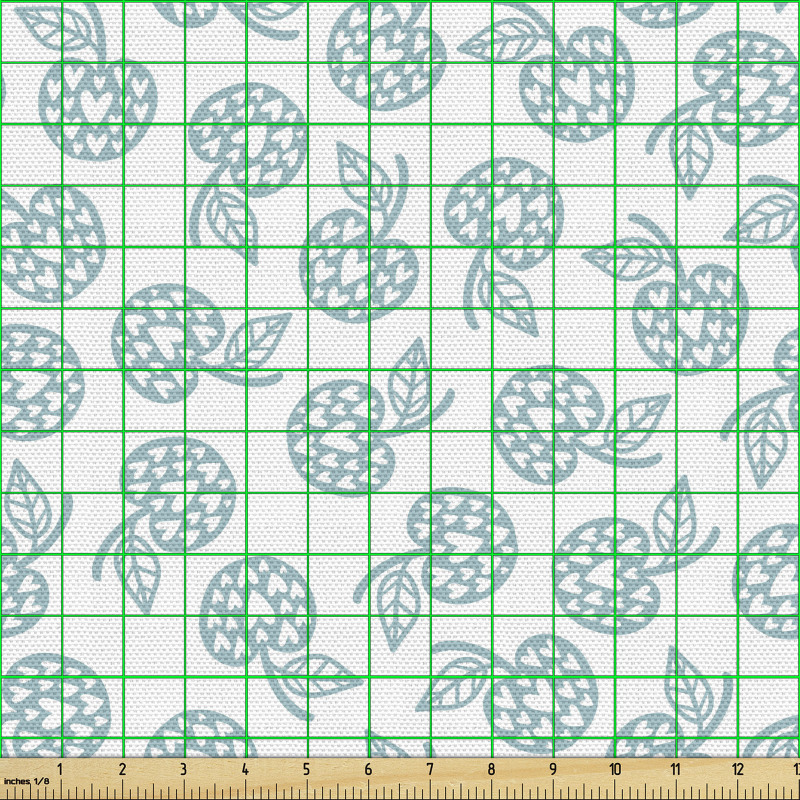 Meyveler Parça Kumaş Beyaz Fonda Mavi Kalpten Elmalar Desenli