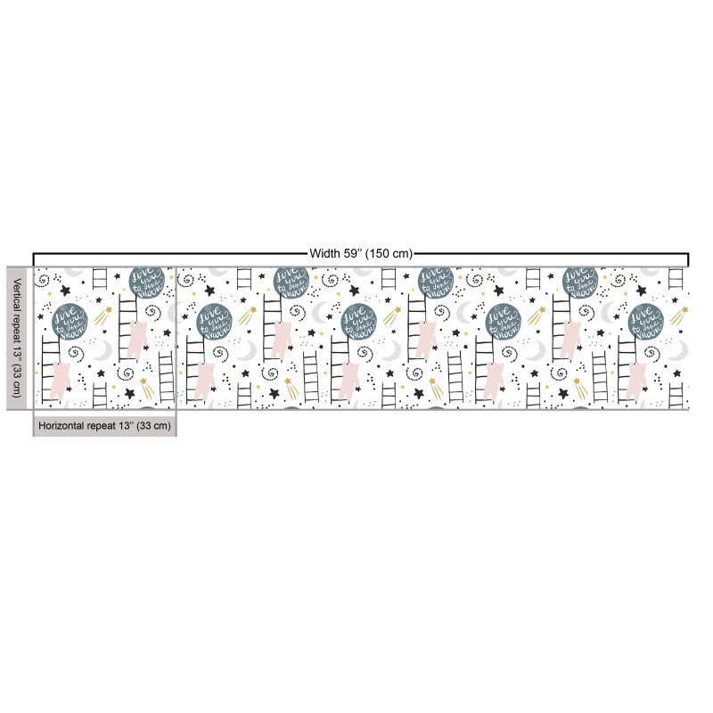Masalsı Parça Kumaş Beyaz Fonda Merdiven Çıkan Ayı ve Gökyüzü