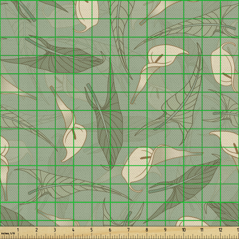 Floral Parça Kumaş Soluk Yeşil İri Ağaç Yaprakları Desenli
