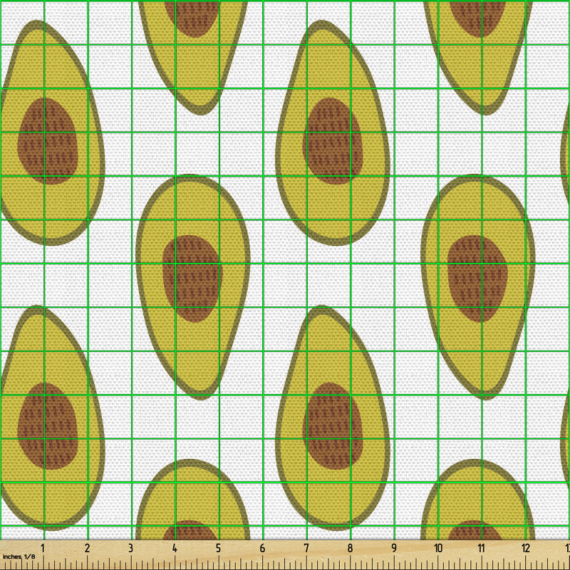 Meyve Parça Kumaş Avokado ve Çekirdeği Desenli Yeşil Kahverengi