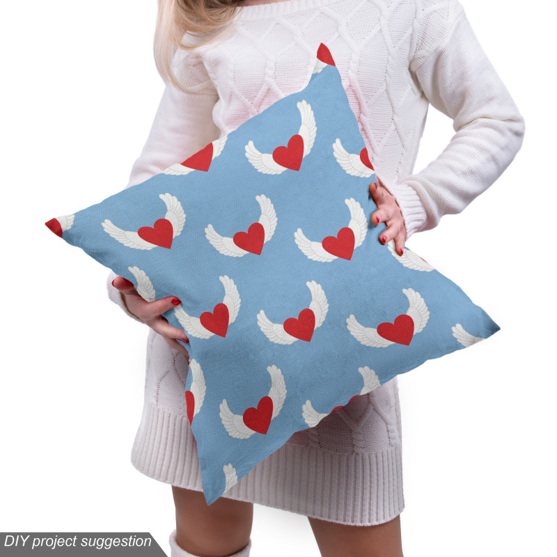 Hayali Parça Kumaş Mavi Fonda Kırmızı Kanatlı Kalpler Desenli