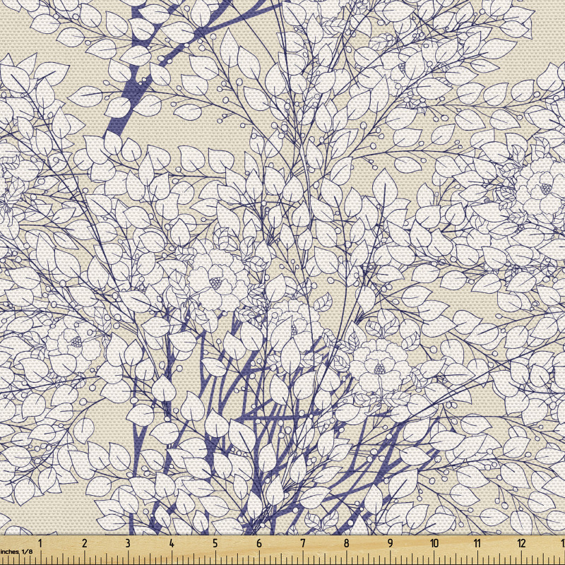 Nostaljik Parça Kumaş Vintage Yapraklı ve Çiçekli Ağaç Dalları