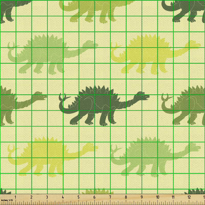 Hayvan Parça Kumaş Yeşil Tonlarında Dinozorlar Desenli Sade Fon