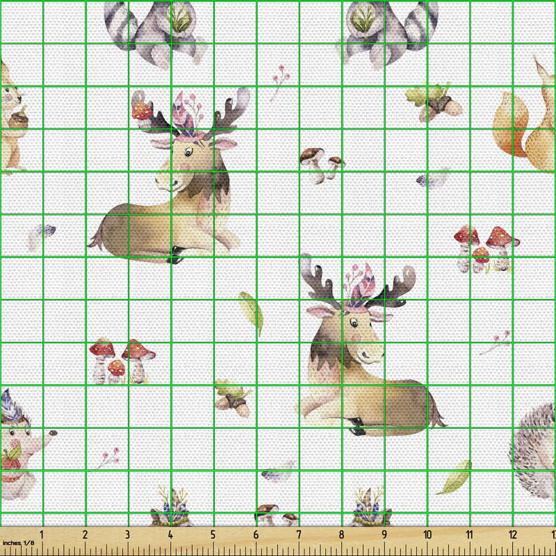 Suluboya Parça Kumaş Mantar Geyik Kirpi Tilki ve Sincap Çizimi