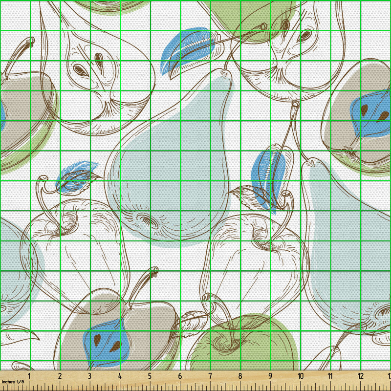 Floral Parça Kumaş Beyaz Fon Üzerindeki Elmalar ve Armutlar