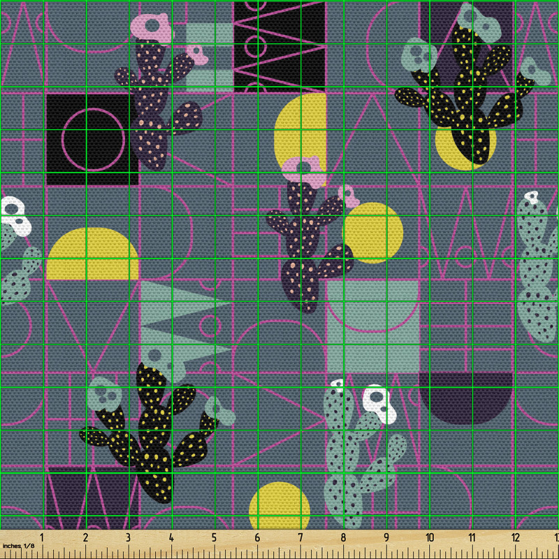 Soyut Parça Kumaş Geometrik Fondaki Kaktüsler Gri Sarı Siyah
