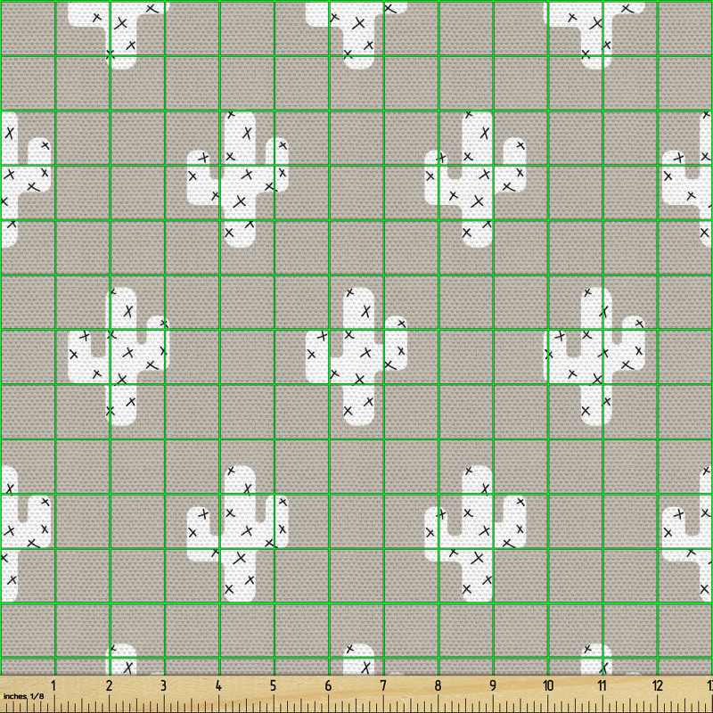 Floral Parça Kumaş Boz Renkli Fon Üzerindeki Beyaz Kaktüsler