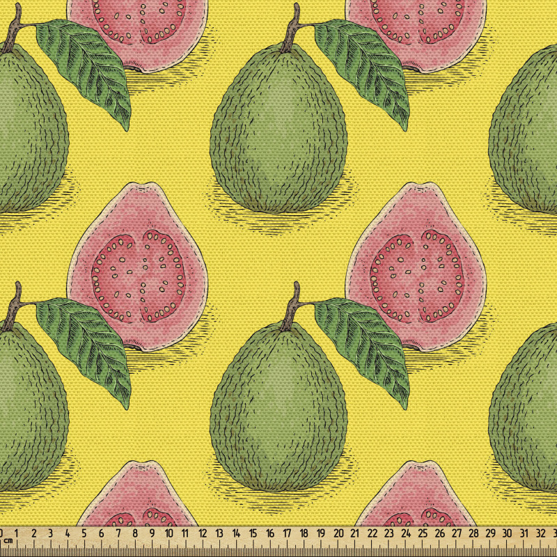 Meyve Parça Kumaş Yapraklı Bütün ve Kesilmiş Yarım Guava Çizimi