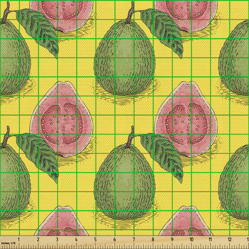 Meyve Parça Kumaş Yapraklı Bütün ve Kesilmiş Yarım Guava Çizimi