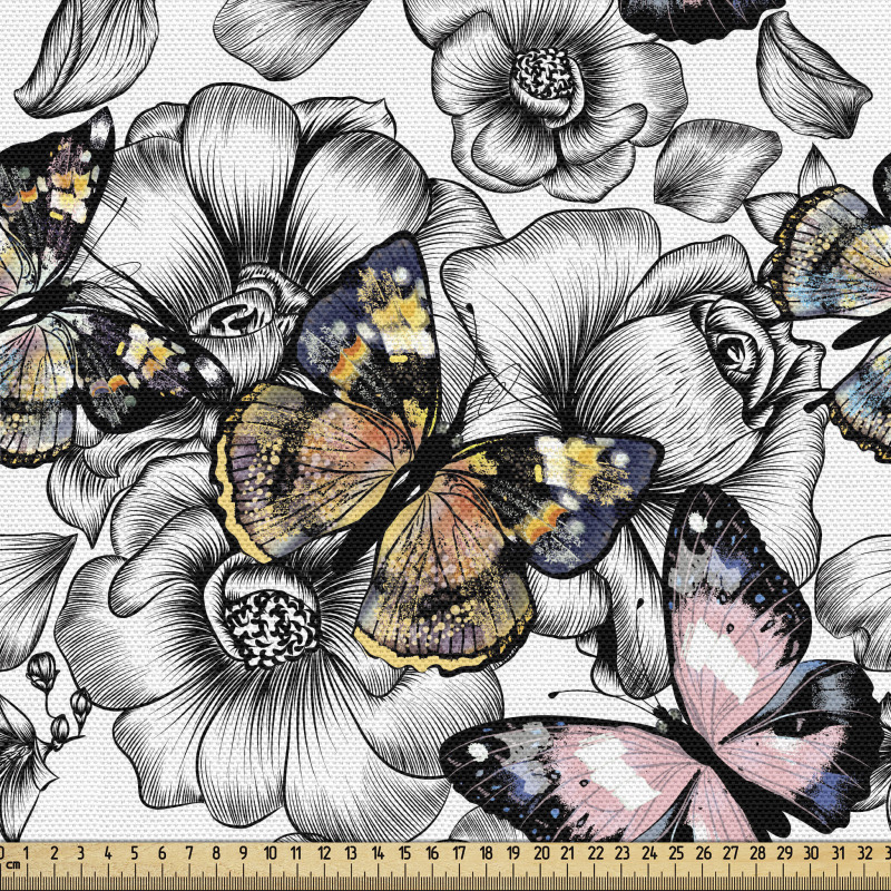 Doğa Parça Kumaş Siyah Çiçek Desenleri ve Rengarenk Kelebekler