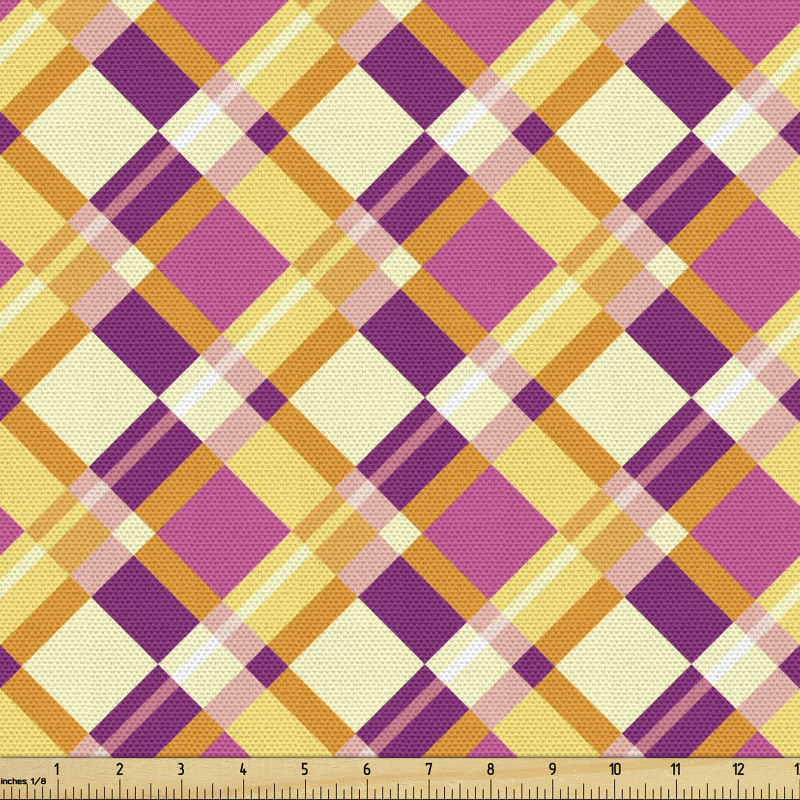 Geometrik Parça Kumaş Sarı Mor Fuşya Renklerinde Ekoseli Desen