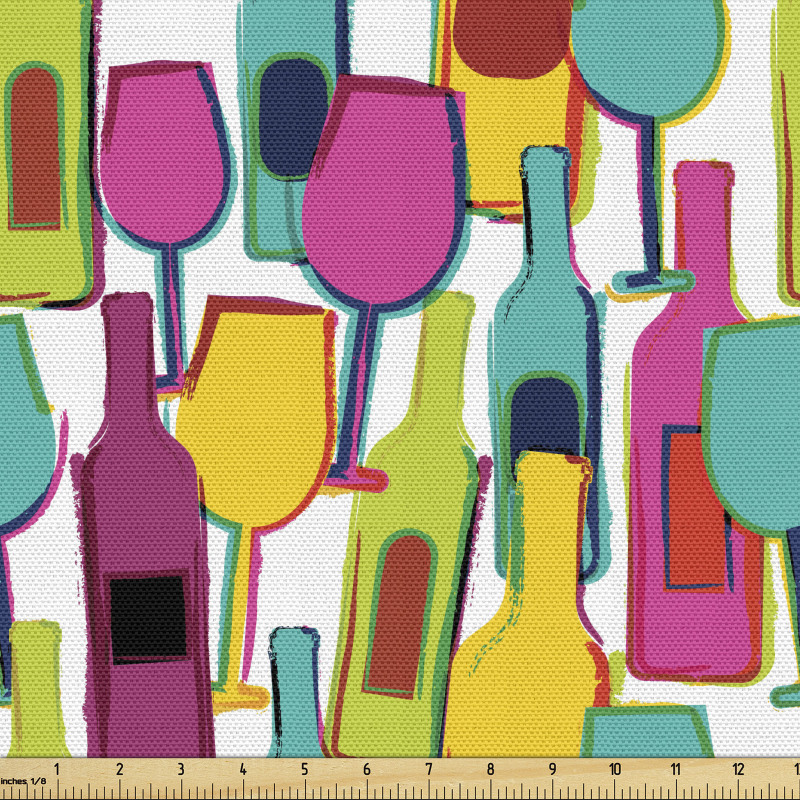 Bar Parça Kumaş Rengarenk Çizilmiş Şarap Şişeleri ve Bardakları