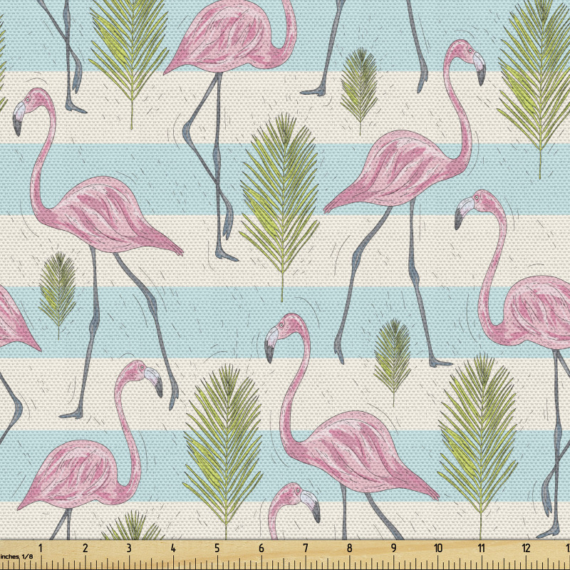 Tropikal Parça Kumaş Çizgili Fonda Flamingo ve Yaprak Çizimleri