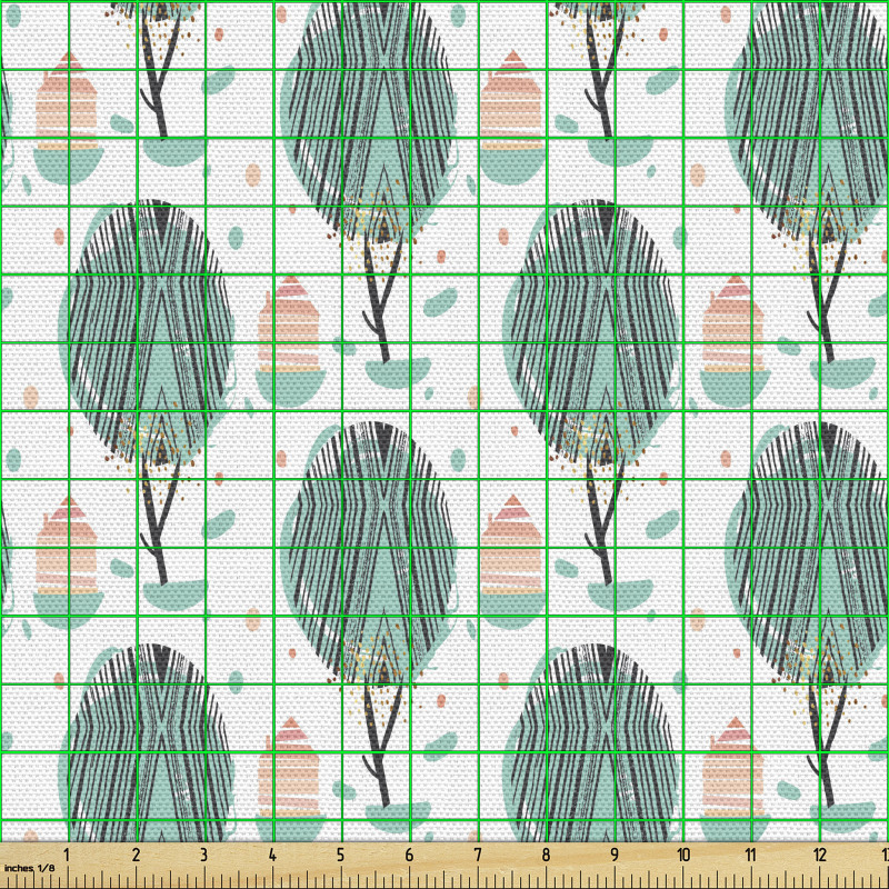 Süsleme Parça Kumaş Beyaz Fonda Pastel Tonlarda Ağaç Ve Ev