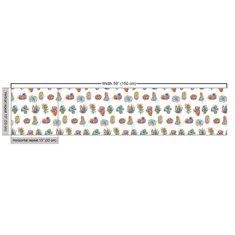 Floral Parça Kumaş El Çizimi Sukulent ve Kaktüs Desenli Beyaz