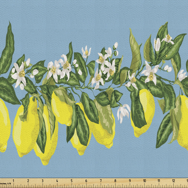 Meyve Parça Kumaş Yatay Dizilmiş Limon Yaprakları ve Çiçekleri