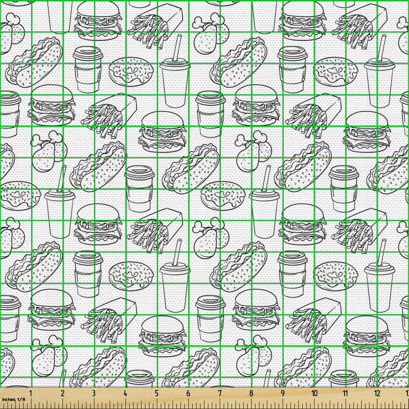 Gıda Parça Kumaş Kara Kalem Çizimi Hamburger Patates Kızartması