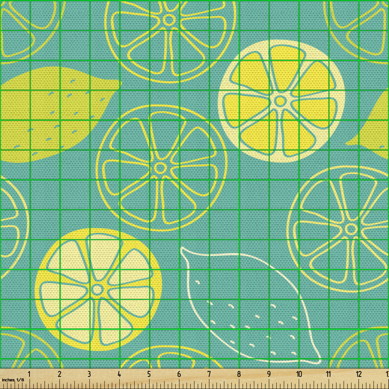Yiyecek Parça Kumaş Düz Turkuaz Zeminde Limon Çizimli Çalışma