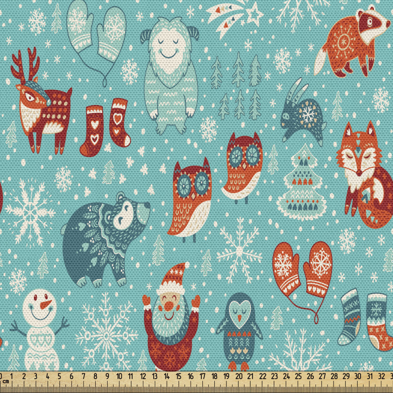 Canlı Parça Kumaş Kış Temalı Baykuş Ayı Noel Baba Çizimleri