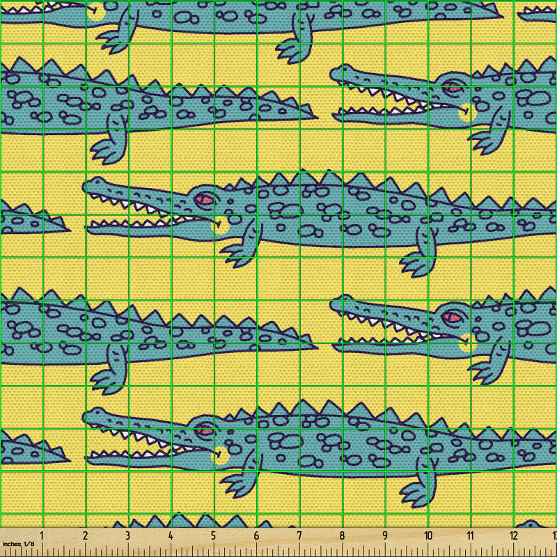 Çizgi Film Parça Kumaş Sarı Fon Üzerindeki Mavi Timsah Desenli