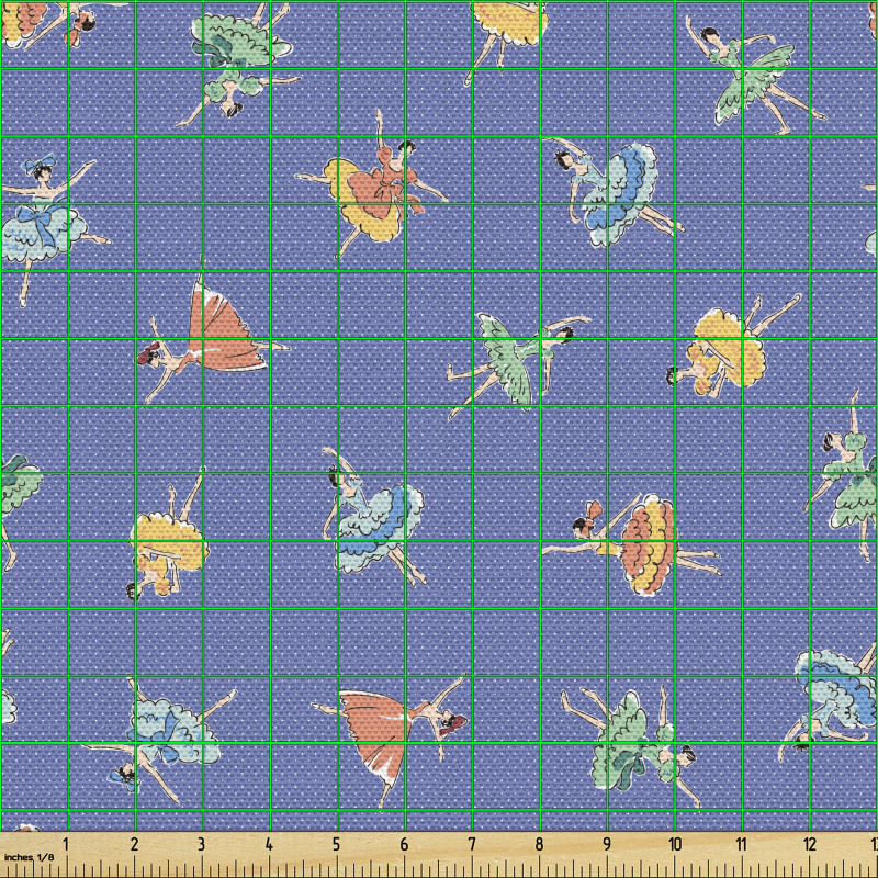 Sanatsal Parça Kumaş Mavi Puantiyeli Fon Üzerindeki Balerinler
