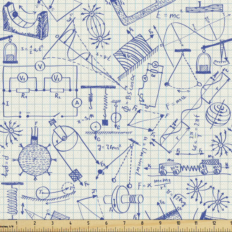 Öğretici Parça Kumaş Beyaz Fon Üzerinde Mavi Formüller Desenli