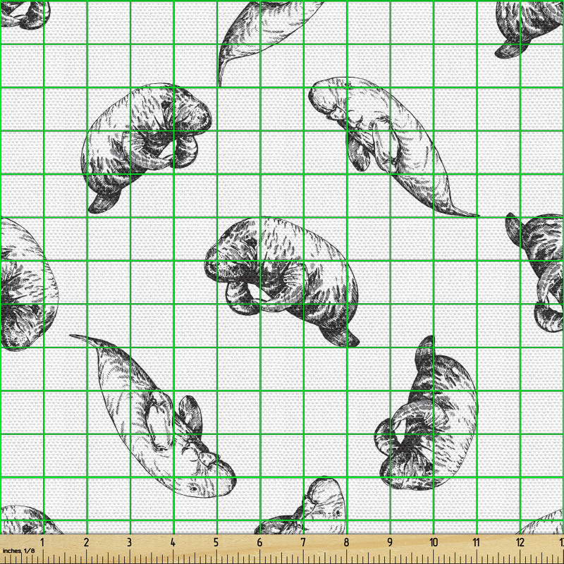 Deniz İneği Parça Kumaş Kara Kalem Tarzı Çizim Manati Tekrarlı