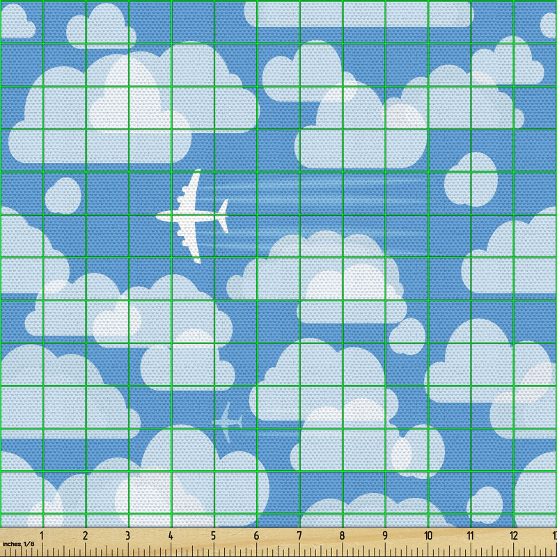 Gök Parça Kumaş Beyaz Bulutlar ve Uçan Küçük Uçakların Çizimi