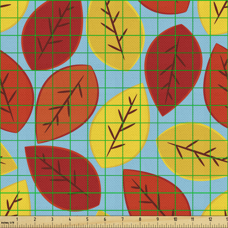 Mevsim Parça Kumaş Sarı ve Kırmızı Tonlarda Çizilmiş Yapraklar