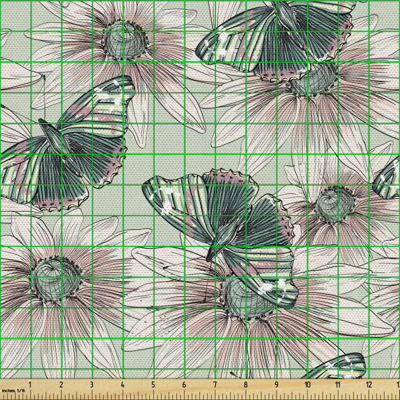Botanik Parça Kumaş Kelebeğin Üzerine Konmuş Çiçekler Desen