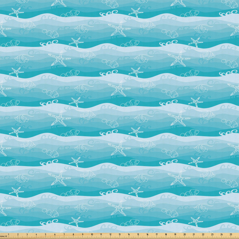 Dalga Mikrofiber Parça Kumaş Mavi Fon Üzerindeki Denizyıldızları Balık