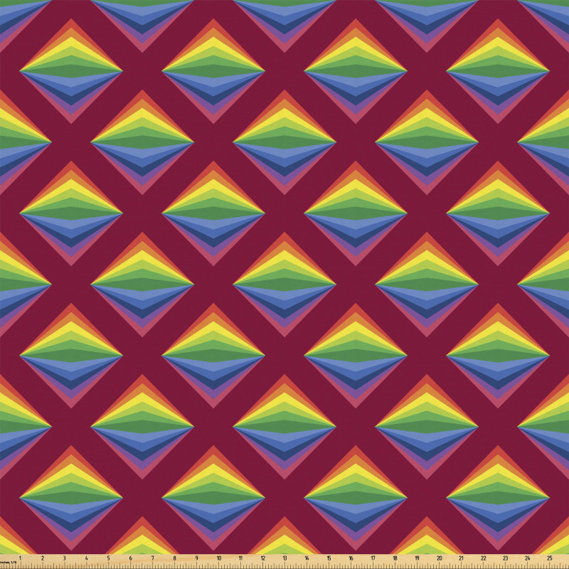 Geometrik Mikrofiber Parça Kumaş Bordo Zeminde Gökkuşağı Renkli Dörtgenler