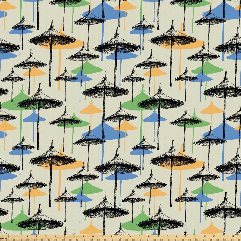 Vintage Mikrofiber Parça Kumaş Skeç Çizim ve Rengarenk Silüetli Şemsiyeler