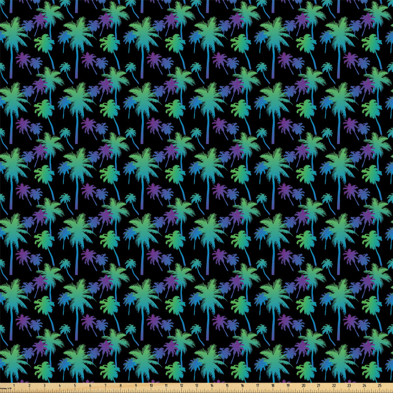 Tropik Mikrofiber Parça Kumaş Siyah Fon Üzerine Egzotik Palmiye Ağaçları