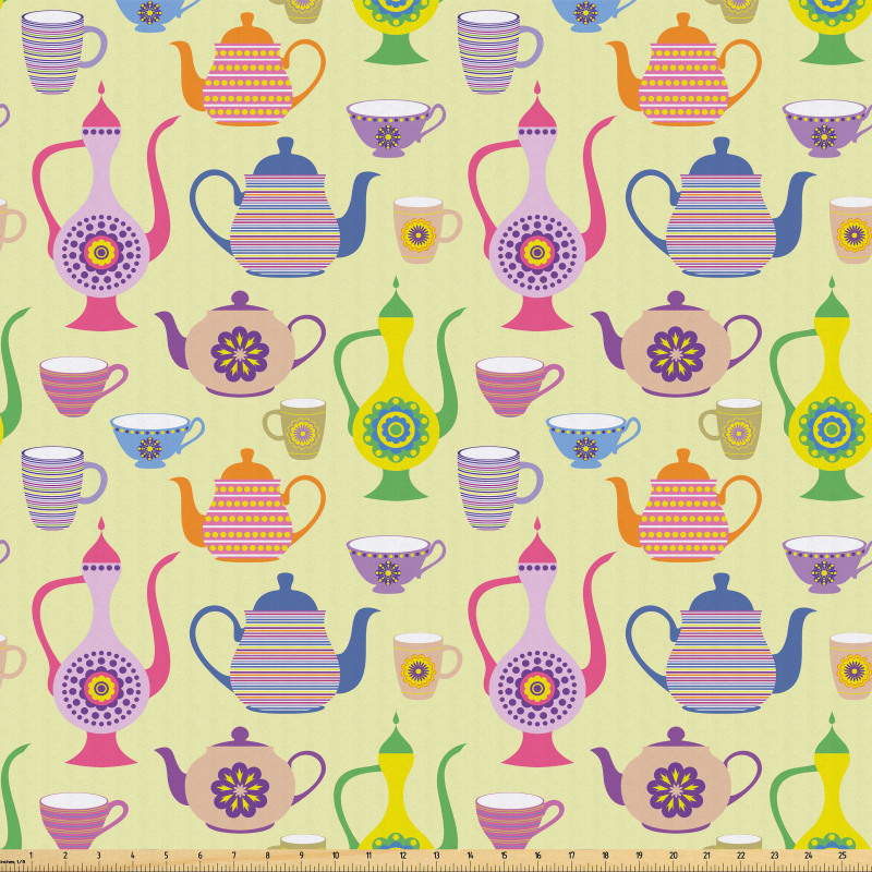 Çay Partisi Mikrofiber Parça Kumaş Rengarenk Süslemeli Çaydanlık Motifleri
