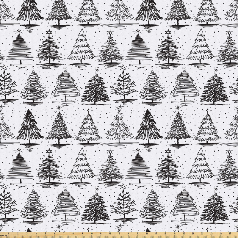 Orman Mikrofiber Parça Kumaş Monokrom Stilde Detaylı Skeç Çizim Ağaçlar