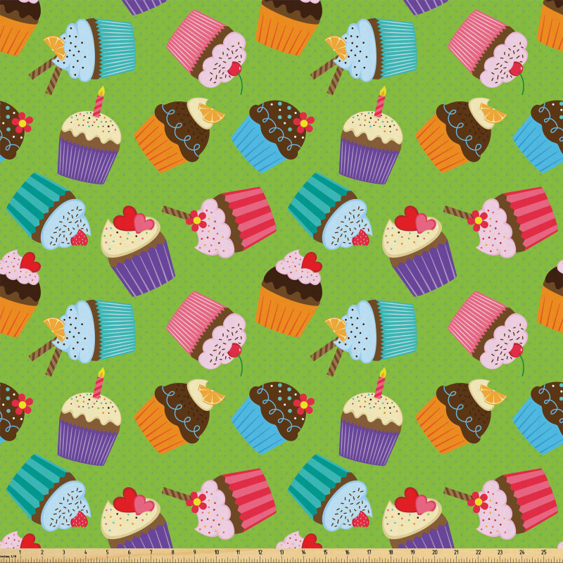 Parti Mikrofiber Parça Kumaş Rengarenk Süslemeli Cupcake Motifleri Deseni