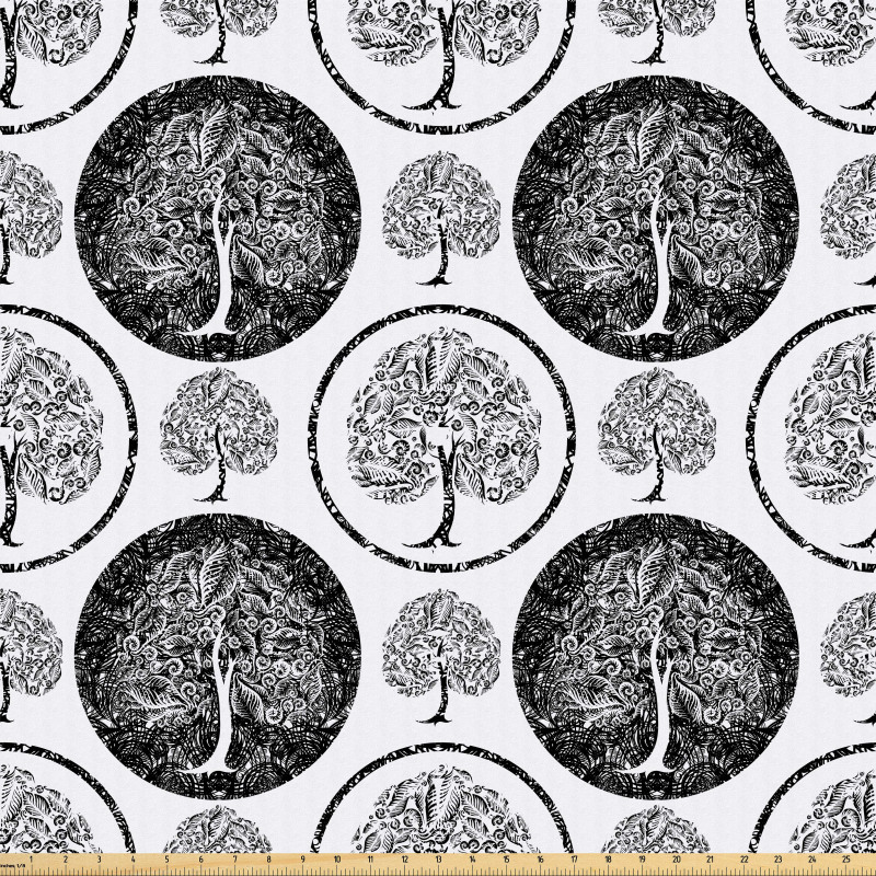 Botanik Mikrofiber Parça Kumaş Antik Desenli Çember İçinde Ağaç Motifi