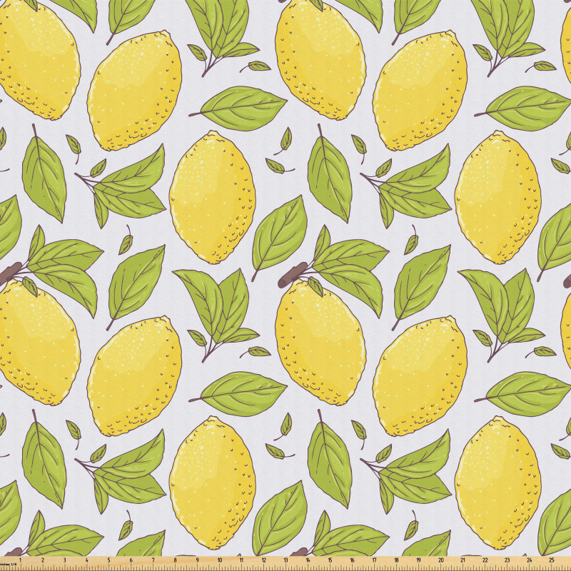 Yemek Mikrofiber Parça Kumaş Taze Sarı Limon Meyvesi Dalları Çizimleri