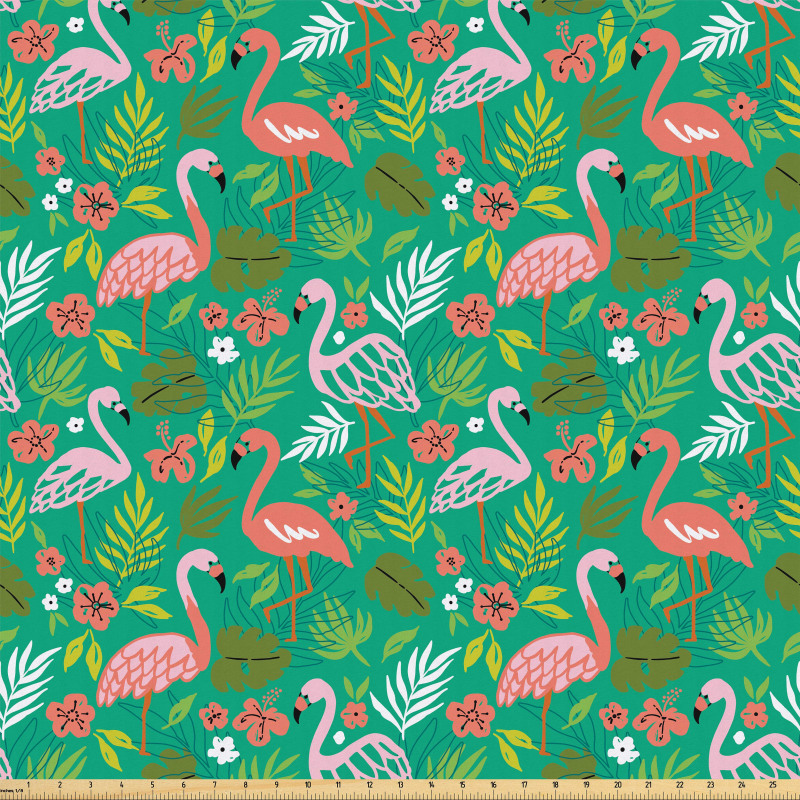 Doğa Mikrofiber Parça Kumaş Eğlenceli ve Sevimli Flamingolar ile Yapraklar