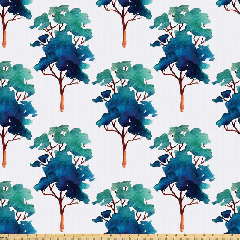 Doğa Mikrofiber Parça Kumaş Sulu Boya Stilinde Sanatsal Ağaç Desenleri