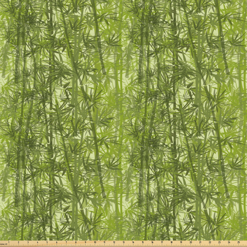 Floral Mikrofiber Parça Kumaş Yeşil Bambu Desenli