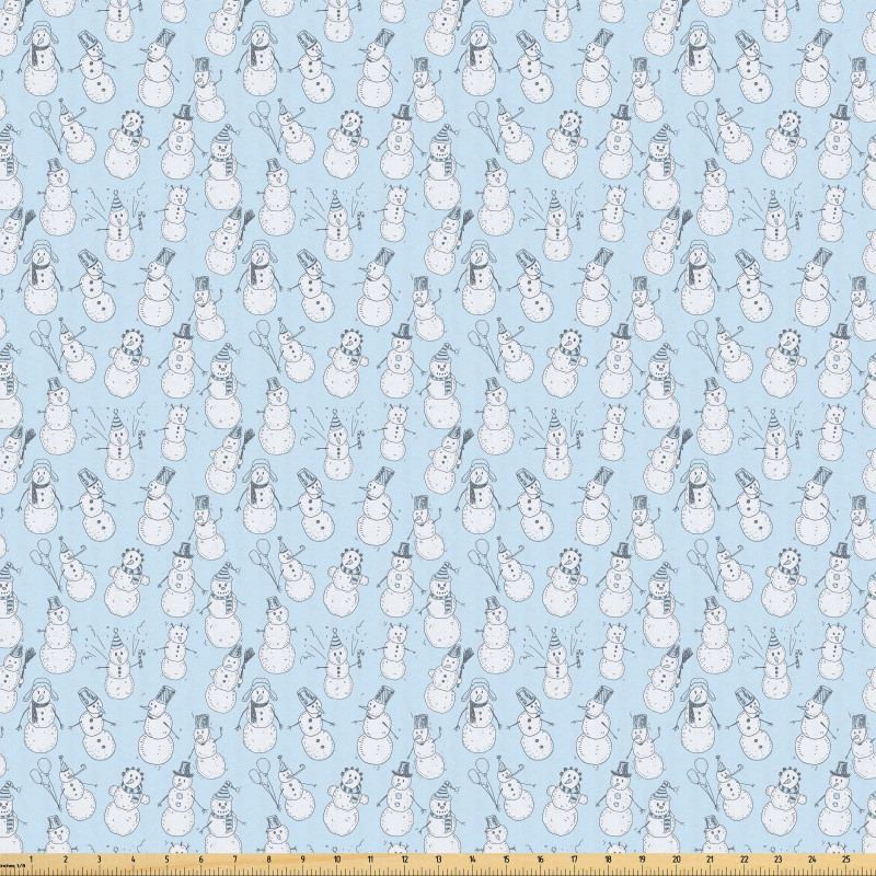 Kış Mikrofiber Parça Kumaş Mavi Fon Üstünde Beyaz Kardan Adam Desenli
