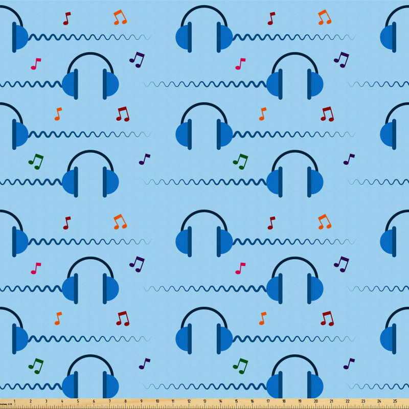 Müzik Mikrofiber Parça Kumaş Mavi Kulaklık Desenli