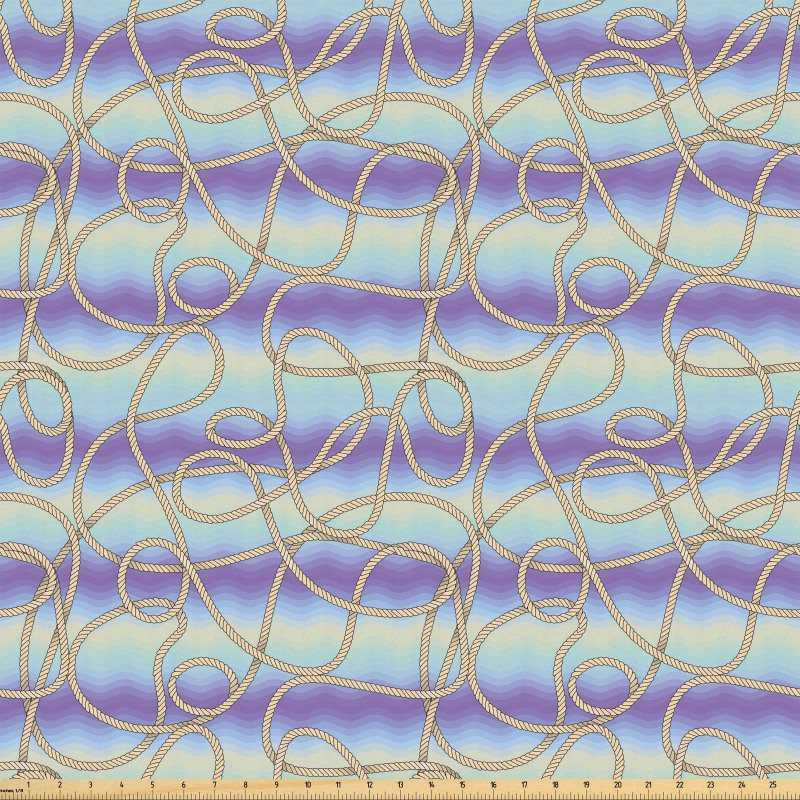 Deniz Mikrofiber Parça Kumaş Mavi Dalgalı Fonda Sarı Gemi Halatı Çizimi
