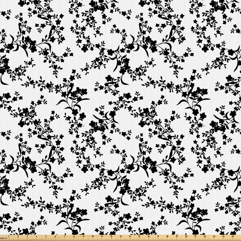 Siyah Beyaz Mikrofiber Parça Kumaş Zarif Çiçekli Desen